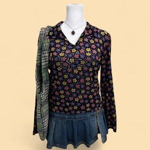 vintage 90s black floral mesh velour boho granola hippie semi sheer top